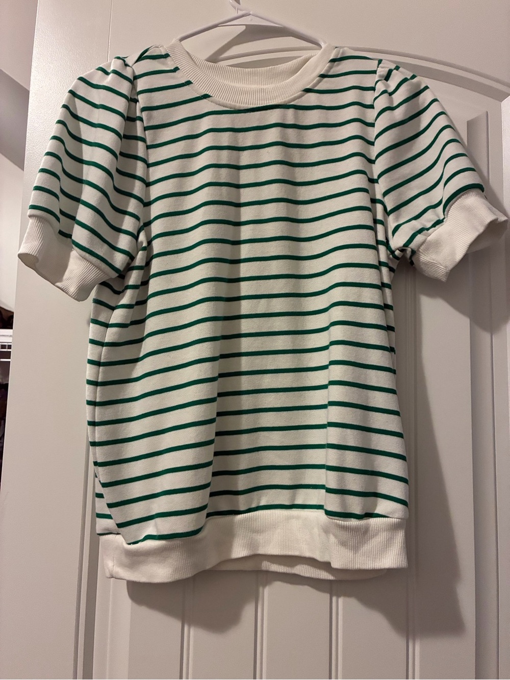 crown & ivy White Tee with Green Stripes and Puff Sleeves